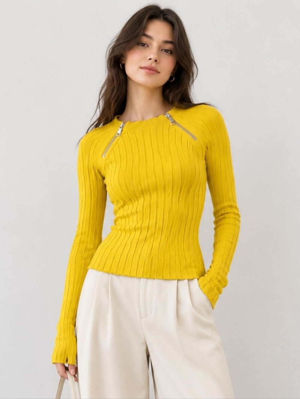 I.N.C. Yellow Ribbed Women's XS Long Sleeve Top